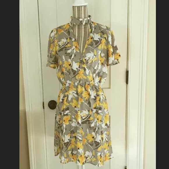 Floral Choker Collar Surplice V Elastic Waist Day Dress Peach Love S Grey Yellow - Picture 6 of 16